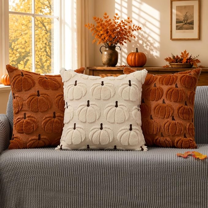DFXSZ Fall Pillow Covers 18x18 2Pcs Beige Brown Pumpkin Fall Decorations | Fall decor Set of 2 Throw Pillow Cases Soft Plush Faux Fur Wool Couch Cushion for Chair Sofa Bedroom Living Room Home Decor