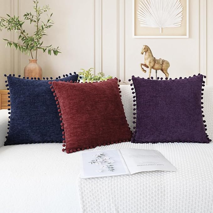 CaliTime Decorative Couch Throw Pillow Covers 22 X 22 Inches Plum Purple | Pack of 2, Cozy Chenille Cushion Cases, with Pom Poms for Sofa Bed Living Room Farmhouse Home