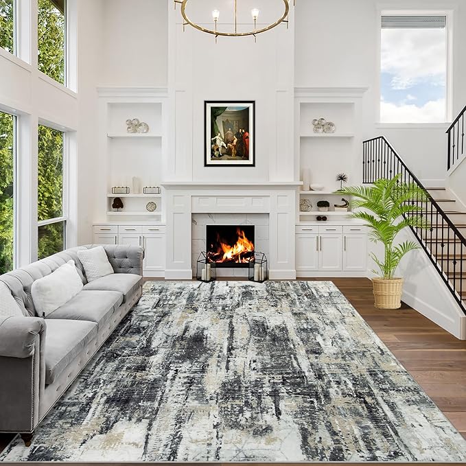 10x14 Area Rugs Washable Rug: Modern Abstract Living Room Rug Soft Anti-Skid Thin Carpet Indoor Floor Non-Shedding Carpets for Bedroom Dining Room Farmhouse Nursery Home Office Black Grey Gold