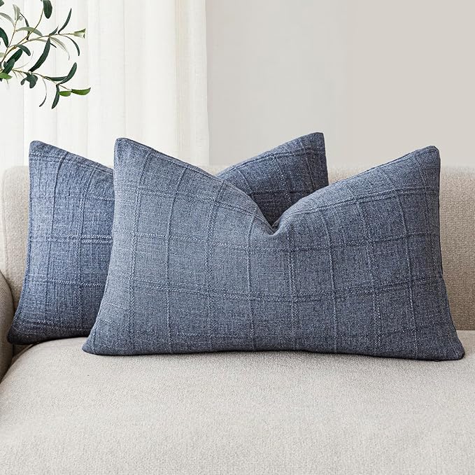 Foindtower Set of 2 Decorative Linen Check Throw Pillow Covers Neutral Farmhouse Lumbar Cushion Covers Modern Coastal Boho Home Decor for Sofa Chair Couch Bedroom Living Room,12×20 Inch,Blue