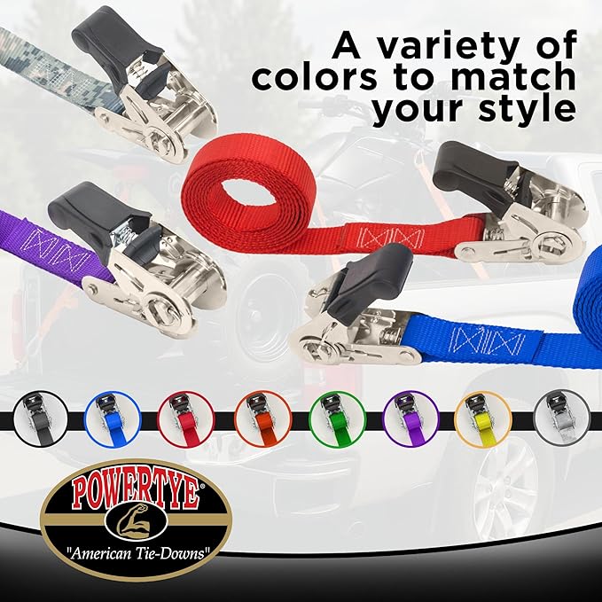 PowerTye - Endless Ratchet Strap - 1in x 4ft Easy Grip (Hookless), Tie Down Strap w/ 400 lb. Working Load Limit / 1,200 lb. Break Strength, Ideal for Motorcycle, ATV, Bike, & Coolers, Green 2-Pack
