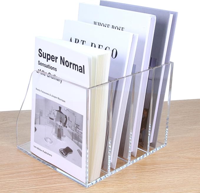 Acrylic Magazine File Holder, 4 Vertical Compartments Desk Document Sorter Organizer, Clear Folder Rack Binder for Office/Home/Classroom, for Documents, Tablet, Magazines, Books & Accessories