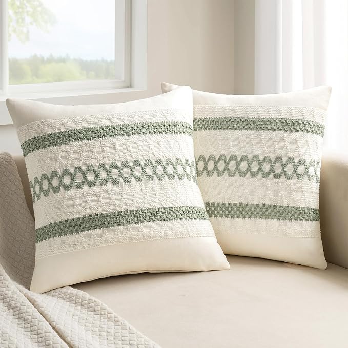 MIULEE Set of 2 Sage Green Boho Decorative Pillow Covers 24x24 Inch | Farmhouse Couch Throw Pillows, Modern Cotton Cushion Covers, Macrame Woven Spring Home Decor for Bed Sofa Chair