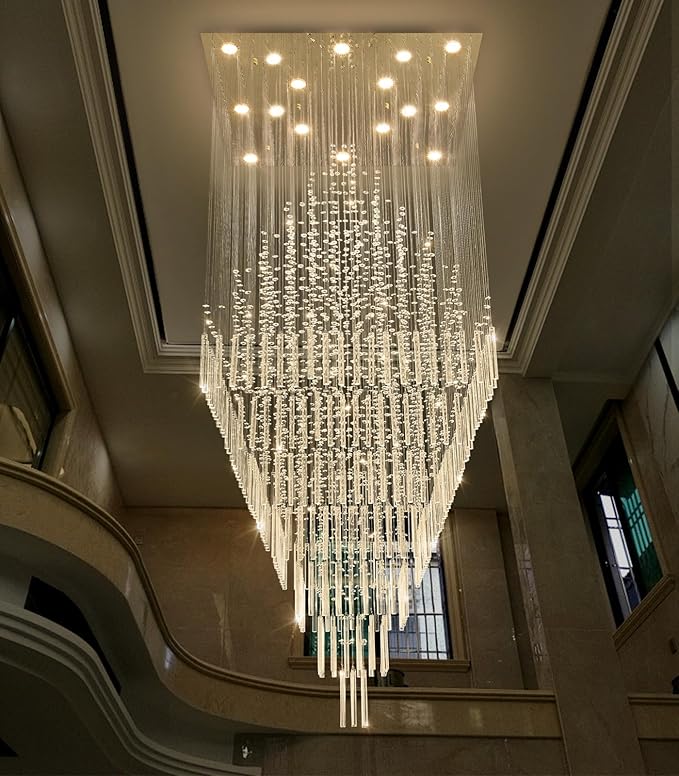 W40 x H120 Glam Chandelier with LED Bulbs Square Chandeliers, Crystal Raindrop High Ceiling Pendant Light for Entrance Large Villa Foyer Lighting Fixtures Gold