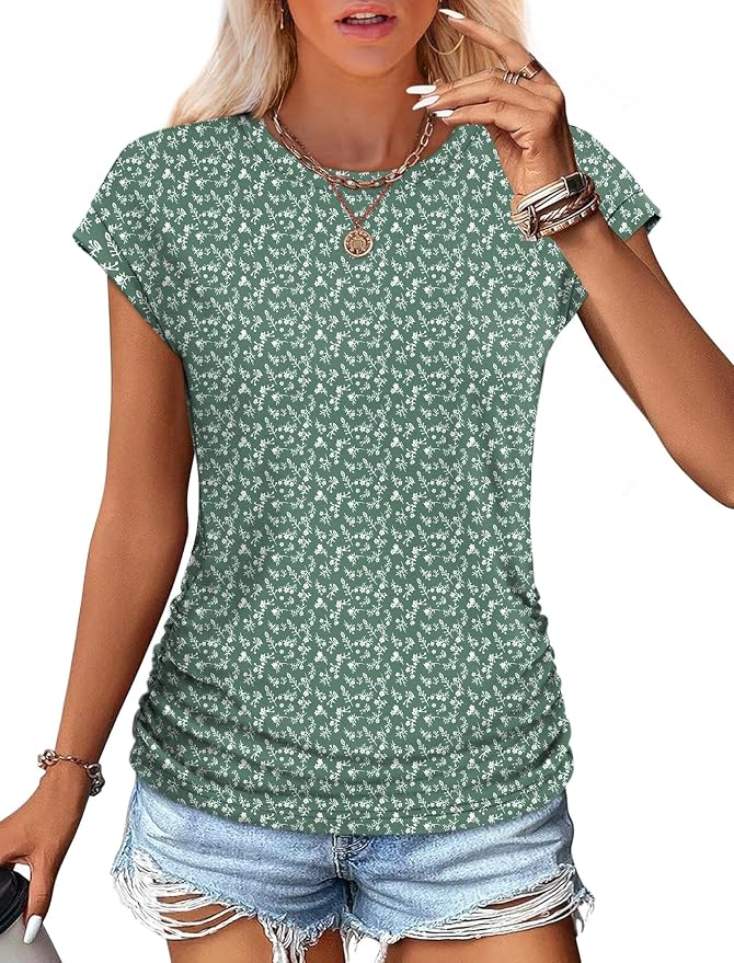 Sampeel Womens Summer Tops Trendy 2026 Ruched Cap Short Sleeve Tshirts Shirts Crew Neck T Shirts Fashion