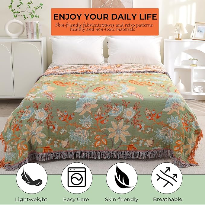 Boho Fall Throw Blanket for Bed，100% Ultra Cotton Soft Breathable Bed Throw Floral Printed Farmhouse Decor Rustic Bed Throws for Couch Sofa Quilt 60" x 80"-Orange& Sage Green