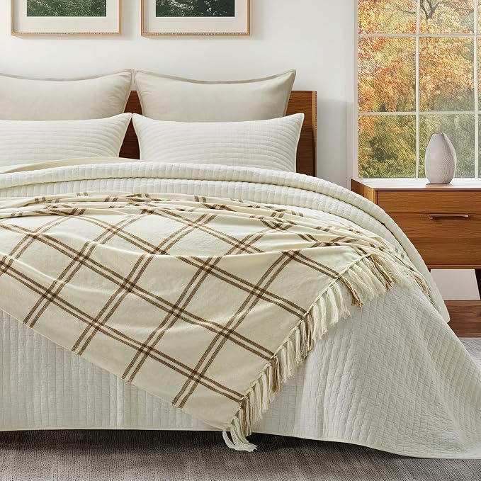 Plaid Chenille Knit Throw Blanket, 60"x80", Cream & Beige | Soft Knitted Throw with Tassels, Cozy, Lightweight, Windowpane Grid Plaid, Decorative Farmhouse Throw for Couch Bed Sofa Gift