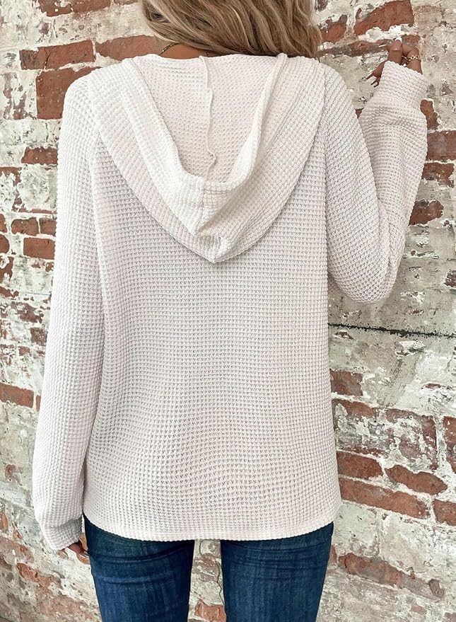 Dokotoo Hoodies for Women Waffle Knit Long Sleeve Drawstring Button V Neck Casual Sweatshirt Hooded Tops Fashion Clothing