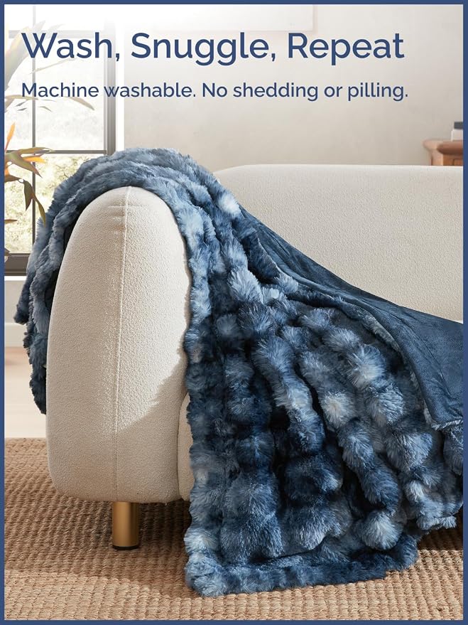 3D Fleece Bubble Blanket Queen - Rabbit Blanket - 90" x 90", Marble Blue | Soft Fluffy Faux Fur Blanket for Couch Sofa & Chair, Cozy Gifts for Women, Tie Dye Cloud Throw Bed Cover, Thick Plush Bedding