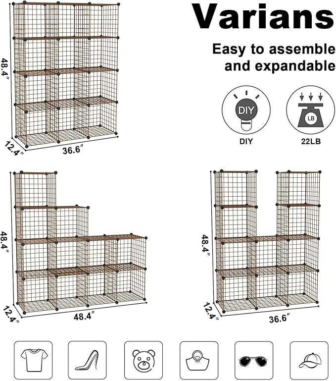 C&AHOME Wire Cube Storage, 12 - Cube Organizer Metal C Grids, Modular Shelves Units, Closet Organizer, Ideal for Home, Office, Living Room, 36.6”L x 12.4”W 48.4”H, Brown UWCS3012R