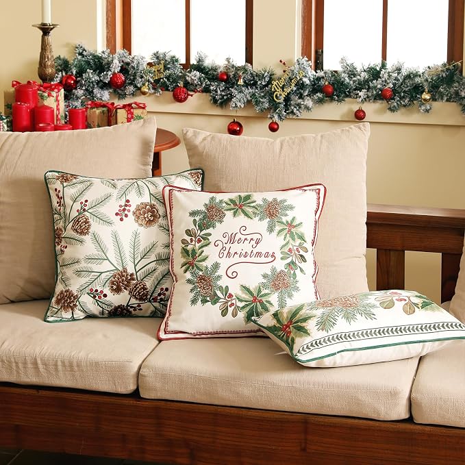 French Chrismas Velvet Throw Pillow Cover,Set of 4-Carol ABCF | Vintage Elegant Pillow Cover,Concealed Zipper Design,Pinecones Pattern,Sofas,Bedroom,Living Room,Lounge Chairs