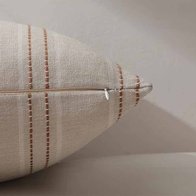 Hckot Fall Throw Pillow Covers 18x18 Set of 2 Striped Pillow Covers Textured Linen Decorative Pillows Square Cushion Covers for Sofa Couch Bed Living Room Farmhouse Decor(Caramel)