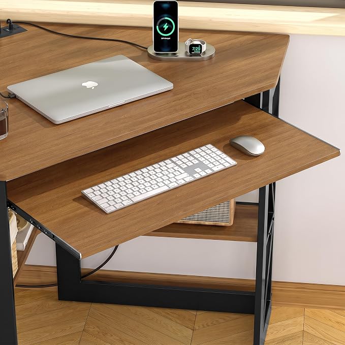 VECELO Corner Desk, Triangle Computer Desk for Small Space with Charging Station and Keyboard Tray, Corner Makeup Table with Storage Shelves for Home Office Bedroom, 41x30, Light Walnut