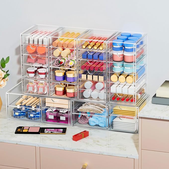 caktraie 6-Pack 30-Drawer Acrylic Storage & Makeup Organizer for Desk | Smooth-glide drawers, clear body, dustproof, for office supplies, pens, stationery, jewelry, cosmetics, craft bits
