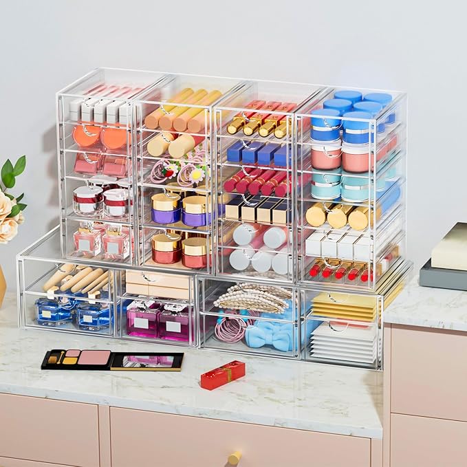 caktraie 4-Pack 22-Drawer Acrylic Storage & Makeup Organizer for Desk | Smooth-glide drawers, clear acrylic, stackable, dustproof, wipe clean, for office supplies, pens, paper clips, thumb drives