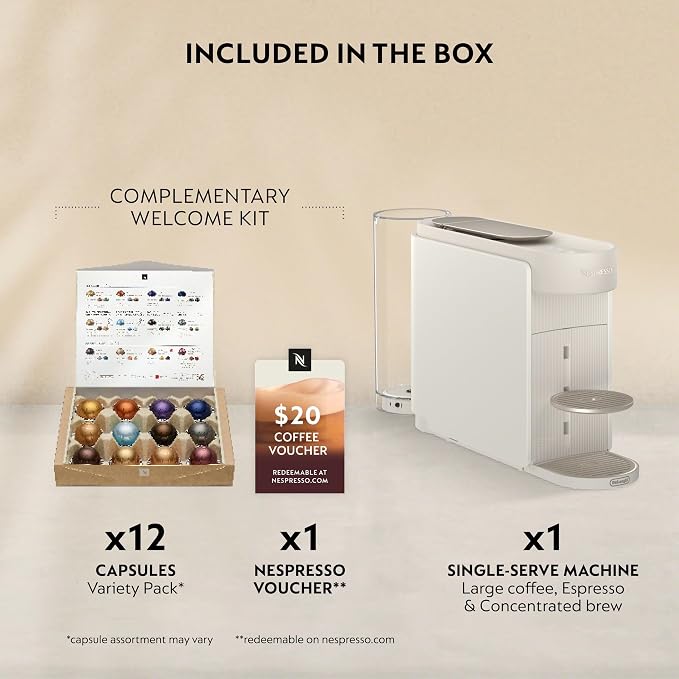 Nespresso Vertuo Up Coffee & Espresso Maker by De'Longhi, White | Pearl white coffee machine with 3 second start, 47 oz. multi-position water tank, iced coffee mode and app customization.