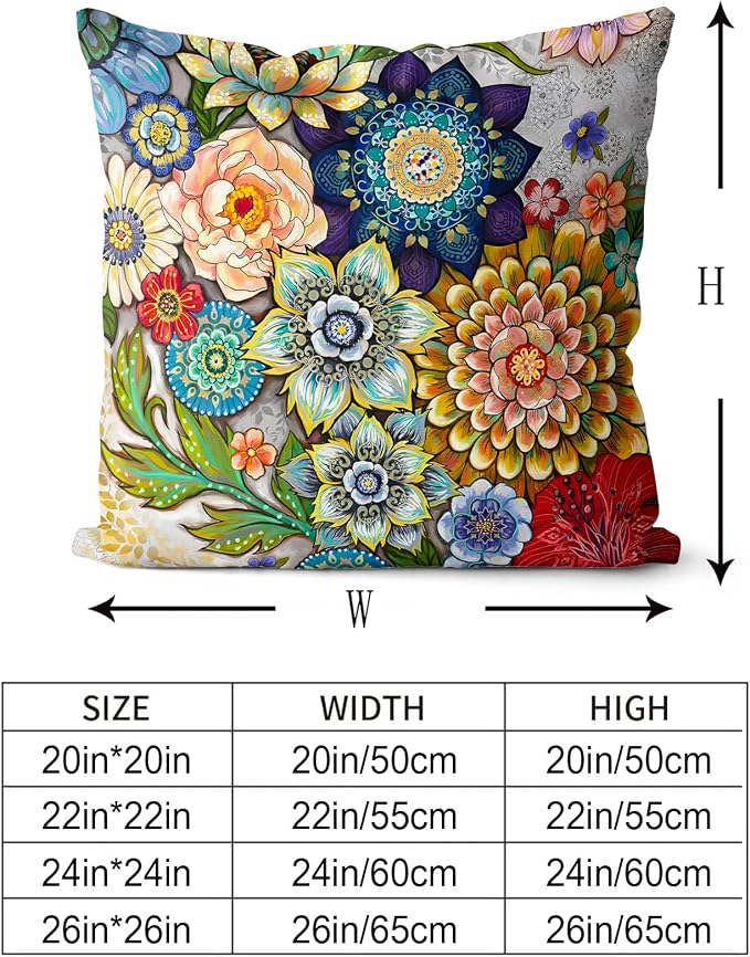 Snycler Boho Floral Throw Pillow Covers Set of 2 Colorful Boho Flower Decorative Cushions Pillowcase for Bedroom Sofa Home Decor, 24x24 Inch, Velvet, Short Plush