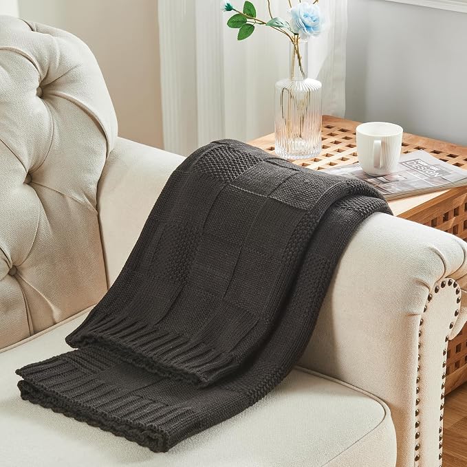 CozeCube Jet Black Knitted Checkered Throw Blanket 50"X60" | Check Knit Throw for Couch, Decorative Christmas Soft Cozy Warm Blanket for Bed Sofa Living Room
