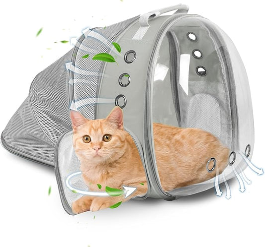 Cat Backpack Carrier Back Expandable Bubble Pet Carrier Backpack for Large Cat, Kitten and Dog, Designed for Hiking, Travelling and Outdoor Use (Back Expandable-Grey)
