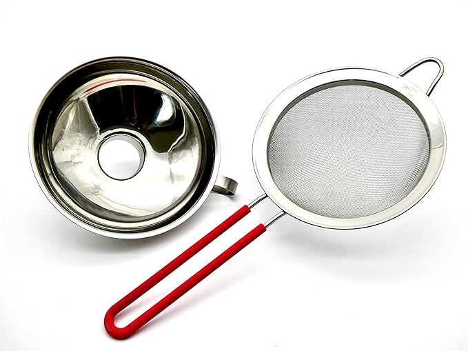 ICO Stainless Steel Canning Funnel and Sieve Set for Mason Jars & Whipped Cream Dispensers - Large Metal Kitchen Funnel with Strainer for Food Grade Infusions