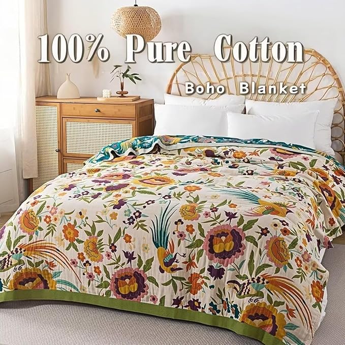 Boho Throw Blanket for Bed 100% Cotton Bohemian Blankets Ultra Soft Woven Muslin Decorative Blankets All Seasons Vintage Quilt Knitted Blanket for Sofa Chair(Beige, 90"x98")