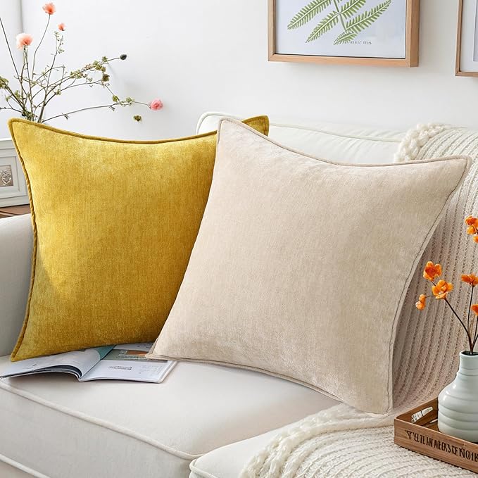 decorUhome Chenille Mineral Yellow Throw Pillow Covers 20x20 Set of 2 | Fall Soft Couch Decorative Modern Velvet Pillow Cases with Elegant Design for Sofa Bed Living Room Home Decor