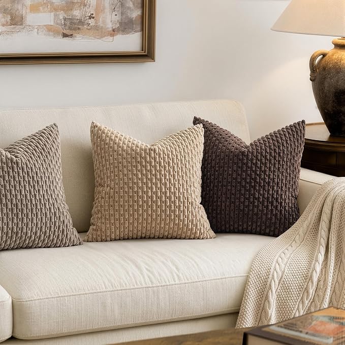 MIULEE Decorative Throw Pillow Covers 18x18 Neutral Tan Textured Corduroy | Pack of 2 Striped Pillow Covers Modern Farmhouse Fall Home Decor for Couch Bed Sofa Living Room