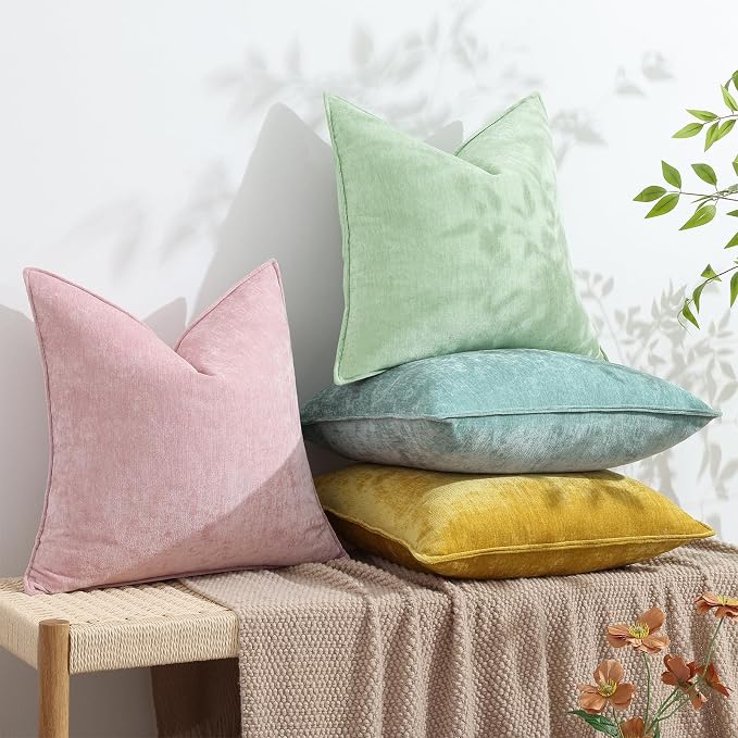 decorUhome Chenille Aqua Haze Velvet Throw Pillow Covers 26x26 Set of 2 | Fall Soft Euro Sham Couch Decorative Modern Farmhouse Pillow Cases with Elegant Design for Sofa Bed Living Room Home Decor