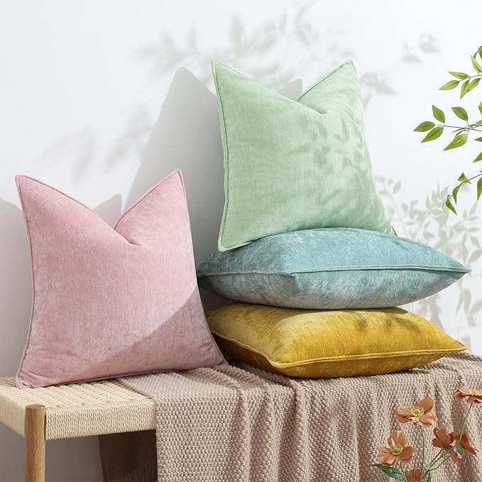 decorUhome Chenille Aqua Haze Velvet Throw Pillow Covers 16x16 Set of 2 | Fall Soft Couch Decorative Modern Farmhouse Pillow Cases with Elegant Design for Sofa Bed Living Room Home Decor