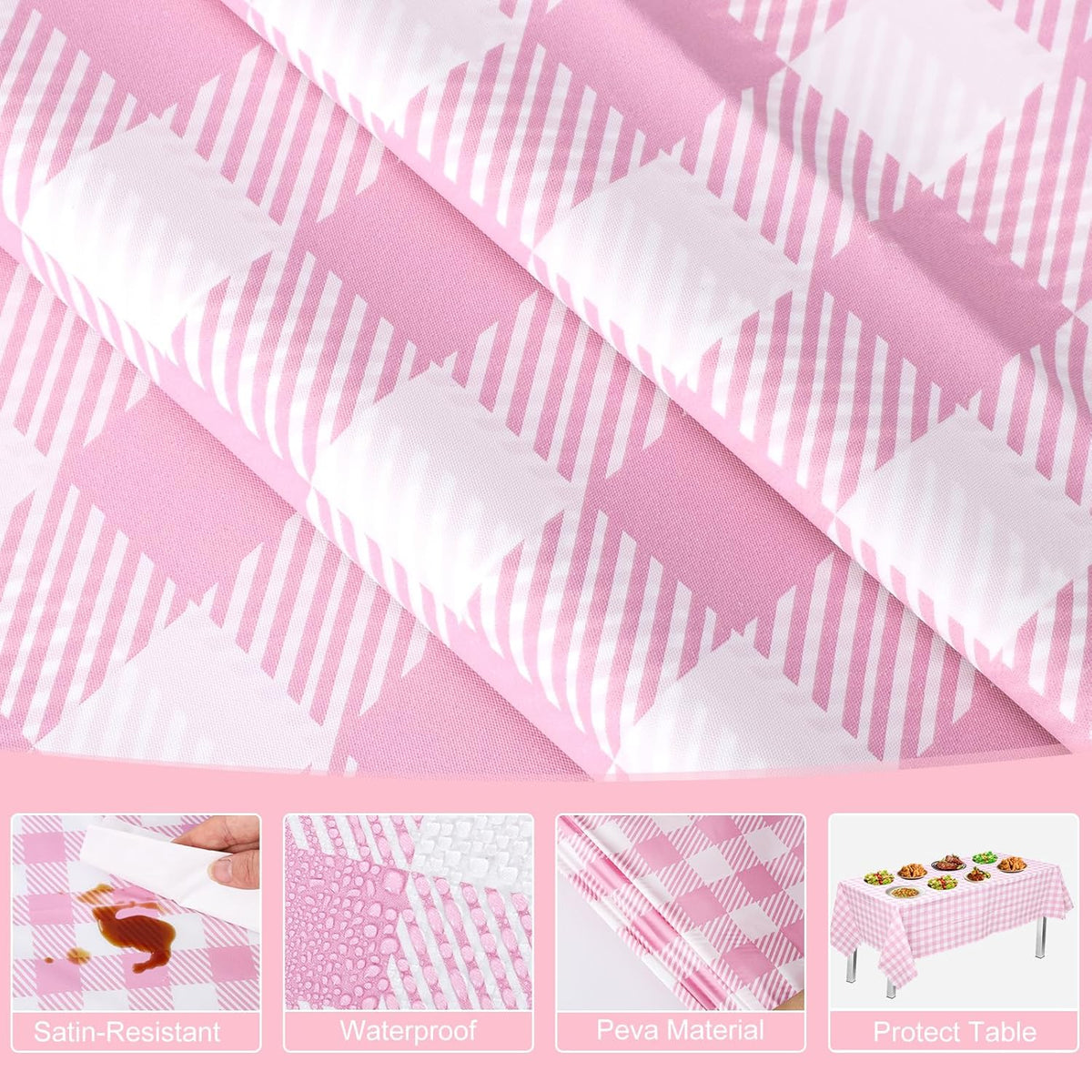 NatNarr 6 Pack Pink Gingham Tablecloths, 54 X 108Inch Scalloped Pink and White Checkered Table Cloth, Disposable Party Table Covers for Wedding Picnic Birthday Baby Bridal Shower Anniversay