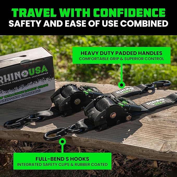 Rhino USA Retractable Ratchet Straps (2-Pack) - 2 Inch x 10 Feet (3,033lb Break Strength) - Heavy Duty Auto Self Retracting Tie Down Straps for Truck, Cargo Trailer, Motorcycle, Rad & More - Black