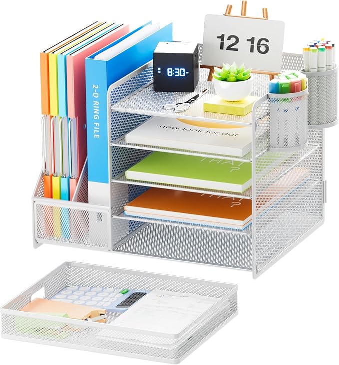 Marbrasse Desk Organiser with File Holder, 5-Tier Paper Letter Tray Organiser with Drawer and 2 Pen Holder, Mesh Desktop Organizer and Storage with Magazine Holder for Office Supplies(White)