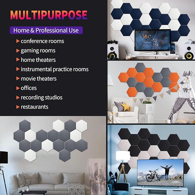 Mollywell Hexagon Acoustic Panels 14x12 - Reduce Echo & Reverb, Noise Blocking Wall Tiles for Home Office & Recording Studio, Silver Gray Sound Absorbing Panels