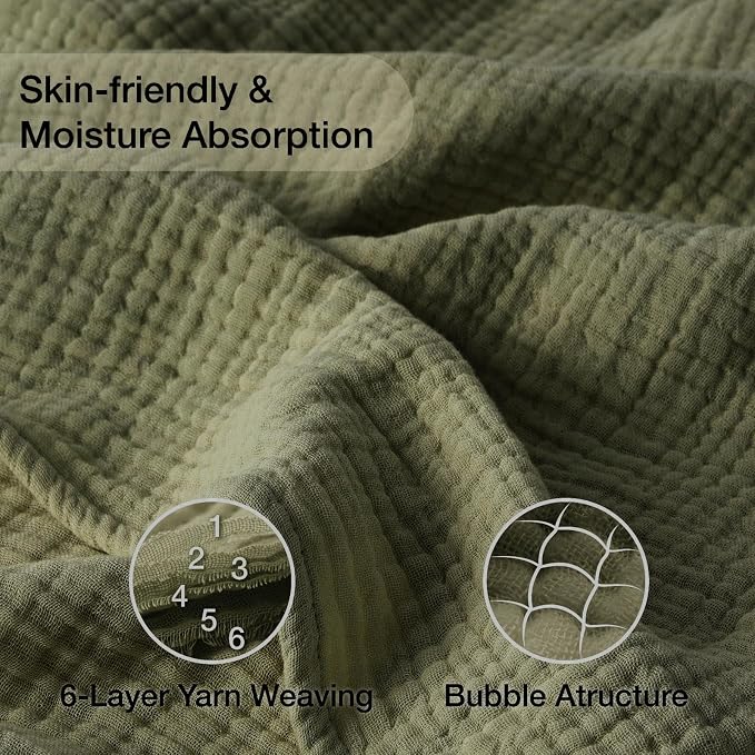 100% Cotton Muslin Blanket Twin 66" x 90", Breathable and Lightweight Twin Blankets for Couch, Soft Cooling Summer Gauze Blanket for Adults All Season, Olive Green