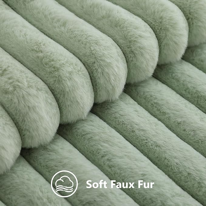 decorUhome Fall Faux Fur Throw Pillow Covers 26x26 Set of 2 Sage Green | Decorative Soft Cozy Striped Plush Modern Farmhouse Boho Couch Pillow Cases Velvet Back for Sofa Bed Living Room Home Decor