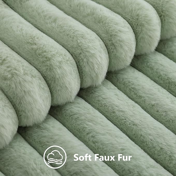 decorUhome Fall Faux Fur Throw Pillow Covers 18x18 Set of 2 Sage Green | Decorative Soft Cozy Striped Plush Modern Farmhouse Boho Couch Pillow Cases Velvet Back for Sofa Bed Living Room Home Decor