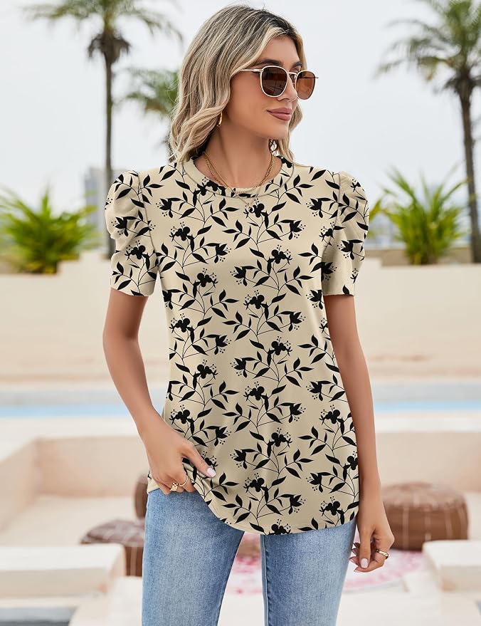 Ivicoer Puff Short Sleeve Shirt for Women Eyelet Tops Summer Crewneck Blouse Loose Fit S-XXL