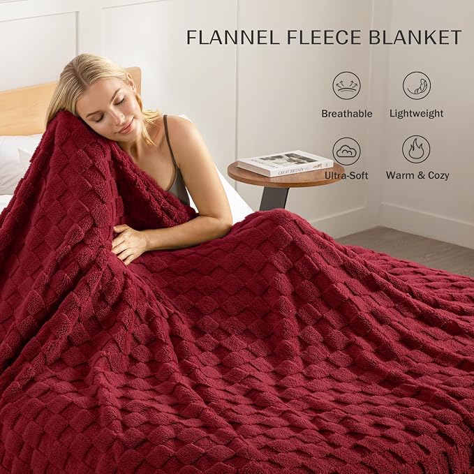 Exclusivo Mezcla 3D Checkered Fleece Queen Blanket for Bed, Burgundy | Super Soft and Cozy Fluffy Blanket, Lightweight, Breathable, Decorative Blanket for Living Room, Bedroom, All Season, 90"x90"