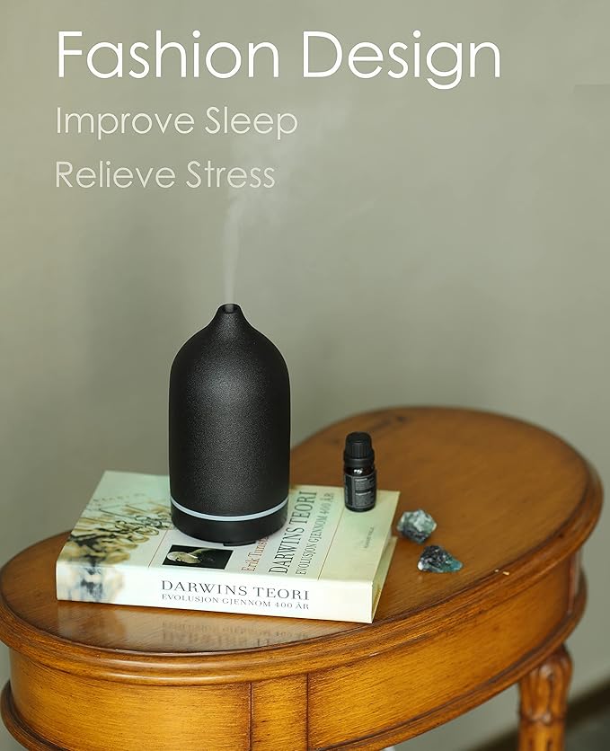 Essential Oil Diffuser,Handcrafted Ceramic Diffuser for Home,Ultrasonic Cool Mist Air Diffuser, 9 Colors Night Light with Timer (Black)