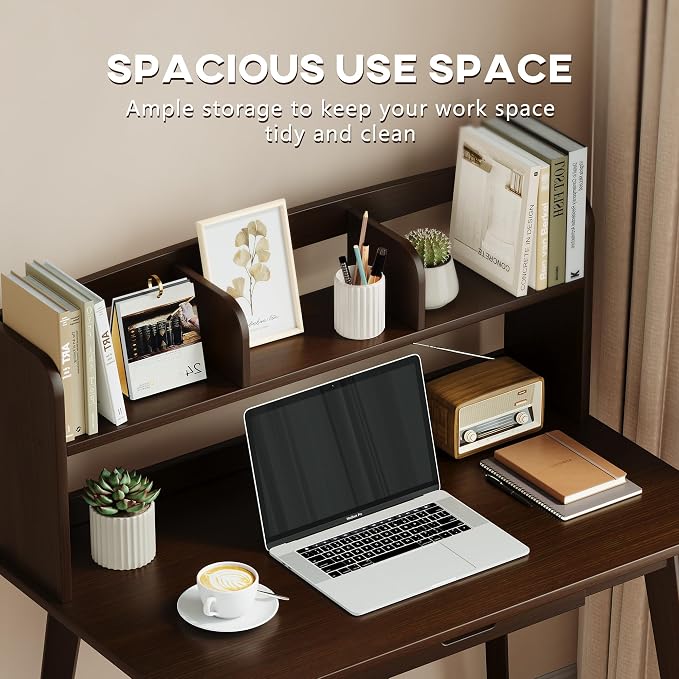 IOTXY Small Writing Desk with Hutch - 39.4" Work Computer Study Table | Black Walnut, Storage Drawer, Space-saving for Home and Office, with Bookshelves