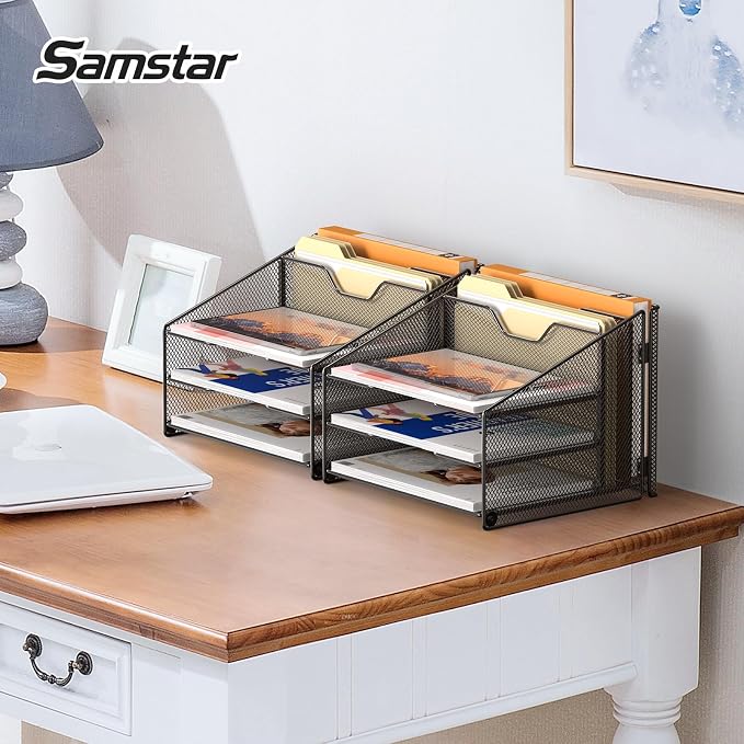 Samstar 2 Pack Mesh Desk File Organizer Letter Tray Holder, Desktop File Folder Holder with 3 Paper Trays and 2 Vertical Upright Section, Black