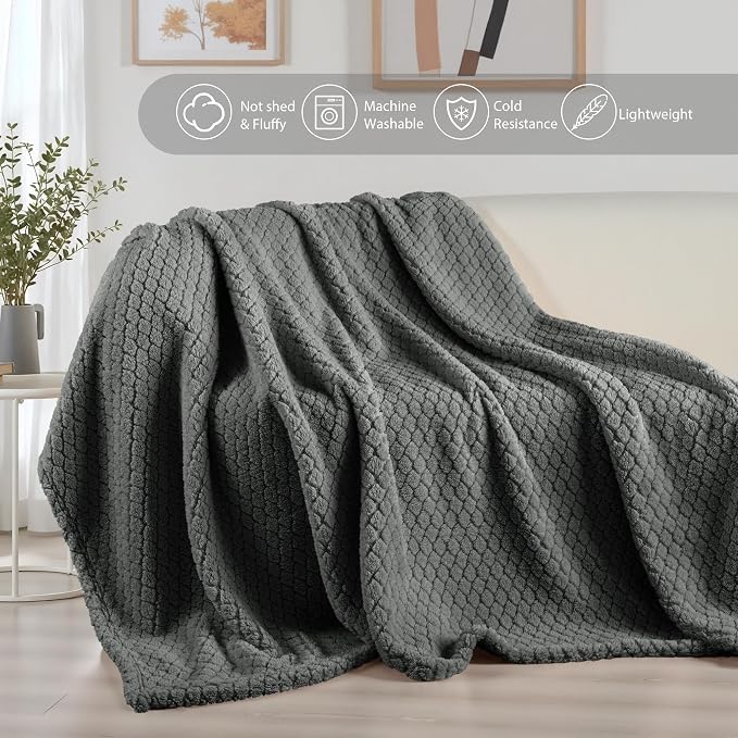 Exclusivo Mezcla Soft Fleece King Size Blanket for Bed, Dark Grey | Jacquard Lightweight Cozy Bed Blanket, Breathable Decorative Fuzzy Textured All Season Use, 90x104 Inches