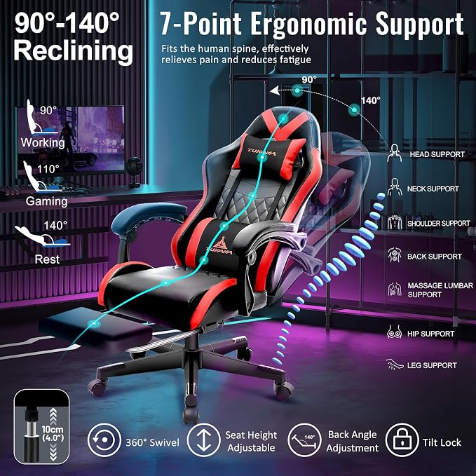 Gaming Chair,Ergonomic Massage Office Desk Chair with Footrest,Red | Pocket Spring Cushion,Reclining,Thick High Back,Headrest and Lumbar Support,Adjustable Leather Computer Chair Gamer Chair