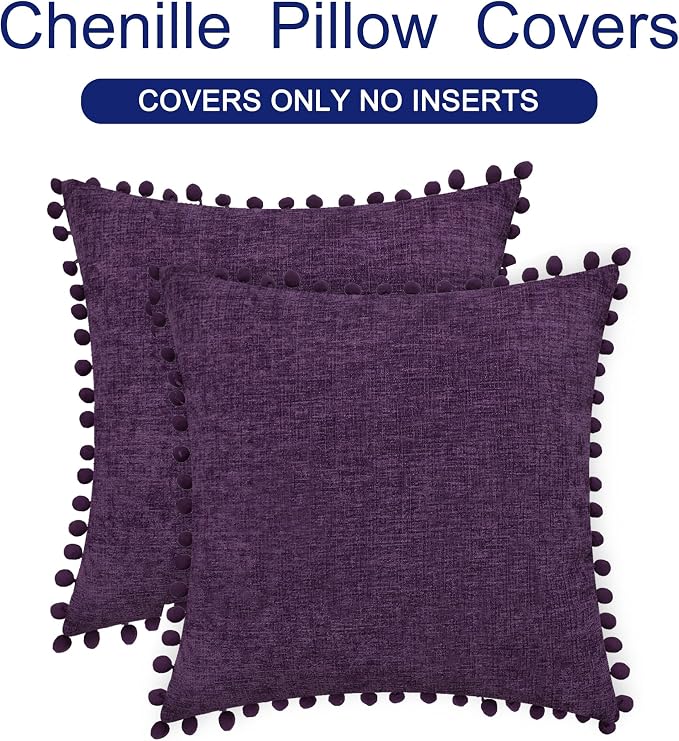 CaliTime Decorative Couch Throw Pillow Covers 18 X 18 Inches Plum Purple | Pack of 2, Cozy Chenille Cushion Cases, with Pom Poms for Sofa Bed Living Room Farmhouse Home