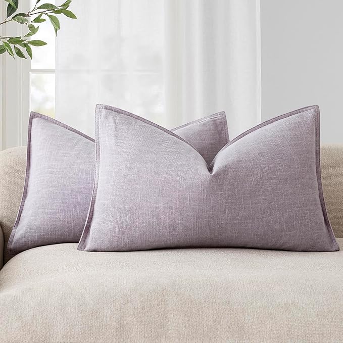 Foindtower Pack of 2, Decorative Linen Solid Throw Pillow Covers Soft Accent Lumbar Cushion Case Farmhouse Pillowcase for Chair Couch Sofa Bedroom Living Room Home Decor 12 x 20 Inch Light Purple