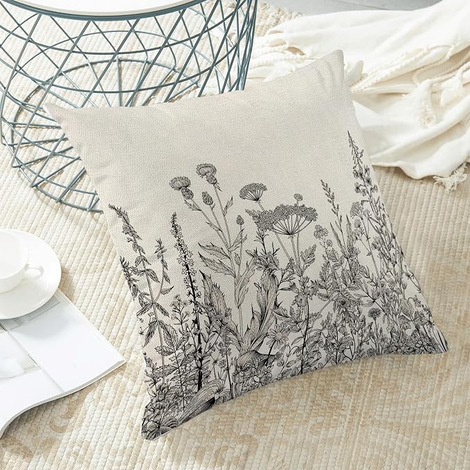 AEIOAE Black White Gray Pillow Covers 16x16 Inch Set of 2, Spring Wildflower Plant Throw Pillows Case,Seasonal Floral Outdoor Decorative Flowers Farmhouse Decor Cushion Covers for Home Sofa Bed Couch