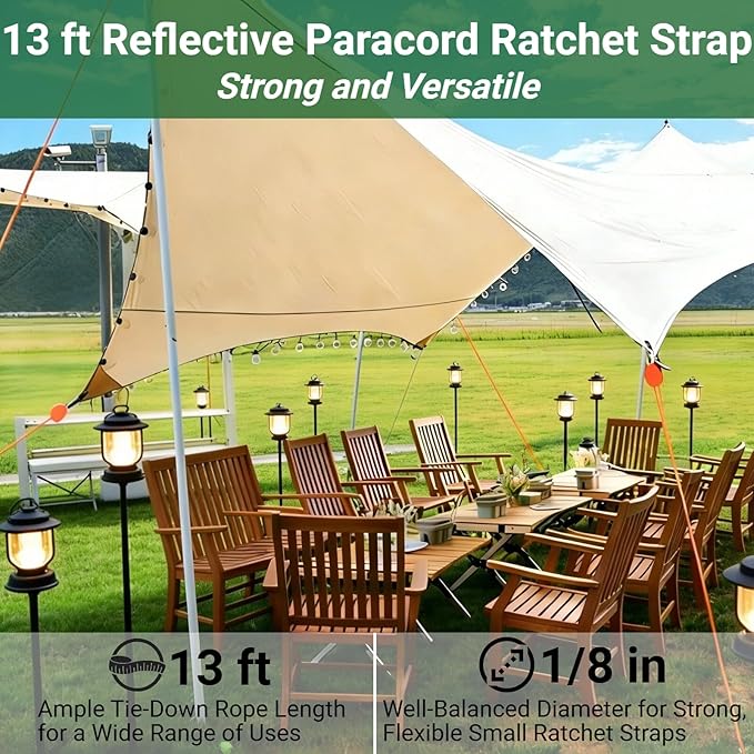 Longer 13ft Ratchet Strap Rope Tie Down Rope Rollers 6 Pack Paracord Tarps Tie Downs Small Cam Jam Retractable Paracord Ropes Tightener for Tent Canopy Use 1/8 inch