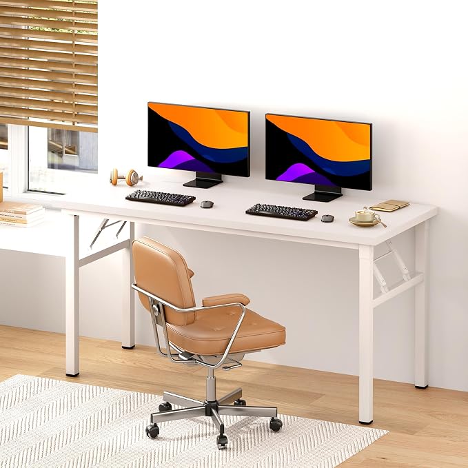 Need Office Computer Desk 54.3 Inch Sturdy Folding Laptop Table White | White Frame Writing Gaming Work Table/Foldable Home Office Desk/Sewing Table, No Assembly Required