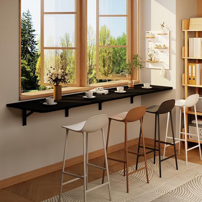 IAE 72x22in Floating Fold Desk,Wall-Mounted Folding Computer Table,Black | Study Table with Shelf Brackets,Foldable Down Shelf with Engineered Wood,Fold Computer Desk for Small Apartment,Holds 518 lb