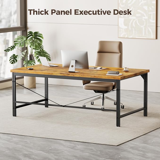 Mericonia 54 Inch Computer Desk, 1" Thick Large Office Table, Brown | Modern Simple Style, Heavy Duty Industrial Frame, Study & Writing Table for Home Bedroom Work